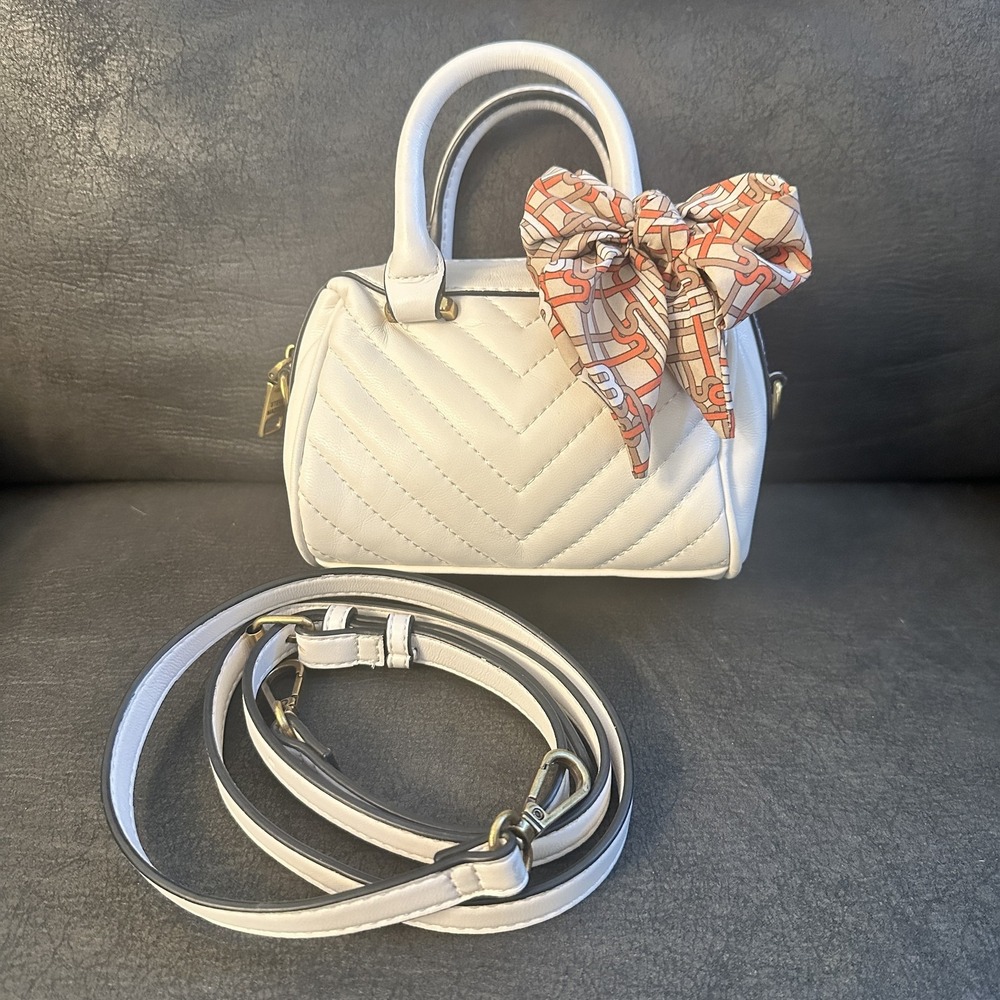 Steve Madden White Chevron Quilted Mini Satchel Crossbody Bag Scarf Bow